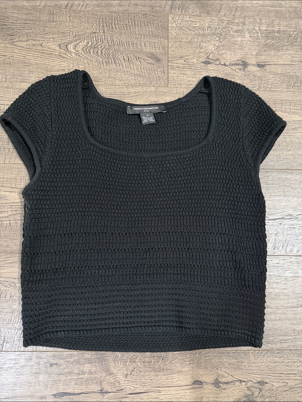 French Connection Black Textured Knit Square Neck Crop Top